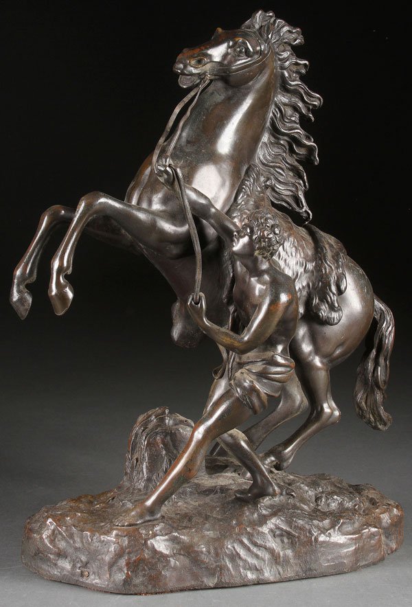 FRENCH BRONZE FIGURE, MARLEY HORSE: After NICHOLAS COUSTOU(French 1658-1733) Marley Horse Bronze with dark brown patina Inscribed on base "Coustou" Height 16.25 inches (41.2 cm)