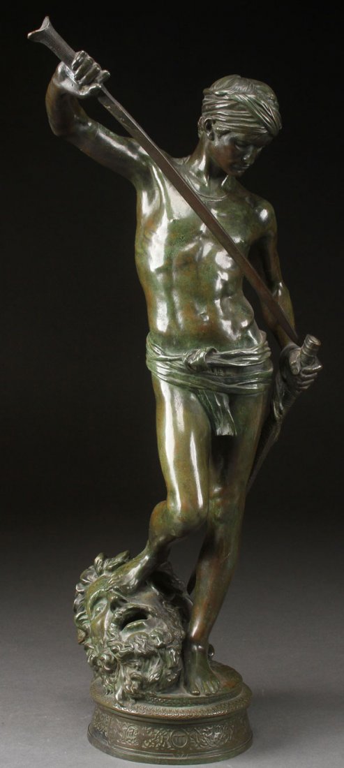BRONZE GROUPING, ANTONIN MERCIE: after ANTONIN MERCIE (French 1845-1916) David Vainqueur Bronze with dark brown and green patina Signed on base “A. Mercie” and stamped “Barbedienne Founder Paris” Height 23.5 inches (59.7 cm)