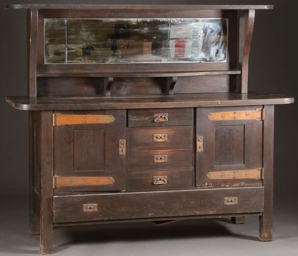A LARGE ARTS & CRAFTS MISSION OAK SIDE BOARD: A LARGE OAK SIDE BOARD, CIRCA 1900. With mirror, apparently unsigned. Appears to have original finish but in “as found condition” Height 61.5 inches (156.25 cm), width 72 inches (183 cm), depth 26