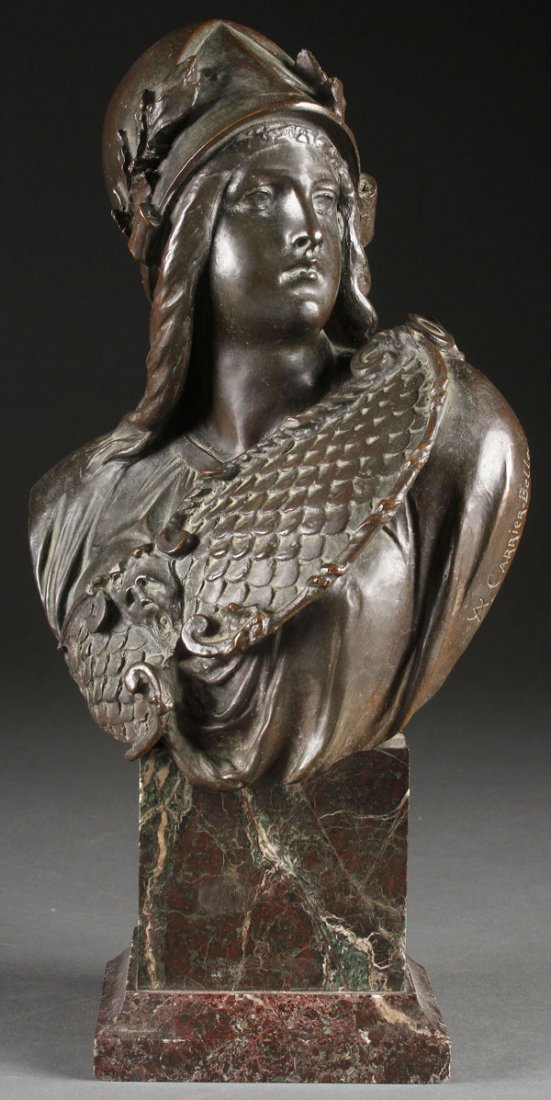ALBERT ERNEST CARRIER-BELLEUSE BRONZE, ATHENA: ALBERT ERNEST CARRIER – BELLEUSE (French 1824-1897) Athena A bronze bust Signed to the side “A. Carrier Belleuse” with foundry mark “C. Valsuani Cire Perdue” and raised on a serpentine marbl