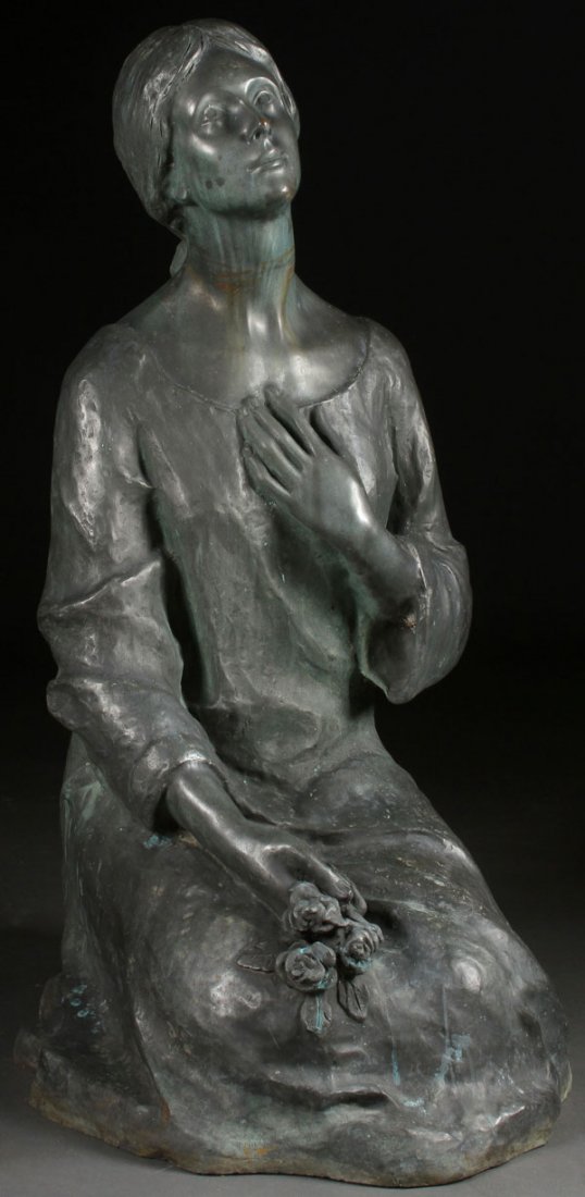 A THREE-QUARTERS LIFE-SIZED BRONZE GARDEN FIGURE: A THREE-QUARTERS LIFE-SIZED BRONZE GARDEN FIGURE, EARLY 20TH CENTURY. Of a kneeling woman with flowers. Height 34 inches (97 cm).
