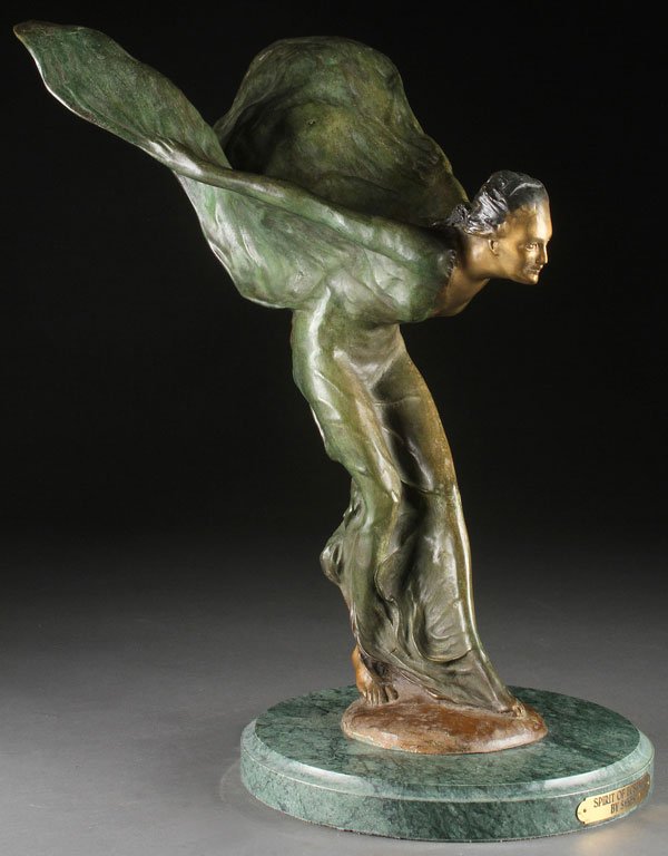 BRONZE FIGURE, SPIRIT OF ECSTASY, SYKES: After CHARLES ROBINSON SYKES (English 1875-1950) The Spirit of Ecstasy Patinated bronze with verdigris Signed on base “Charles Sykes” Height 20.25 inches (51.5cm)