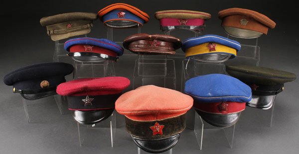 A GROUP OF 12 EARLY RUSSIAN SOVIET CAPS: A GROUP OF 12 EARLY RUSSIAN SOVIET CAPS, CIRCA 1920-1950. Representing various political, military and other organizations. Mostly in good to average condition.