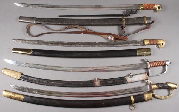 4 RUSSIAN STYLE REPRODUCTION EDGED WEAPONS: A GROUP OF FOUR RUSSIAN STYLE REPRODUCTION EDGED WEAPONS. Each with scabbard.