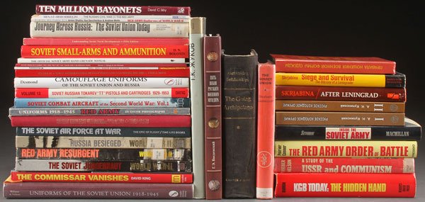 46 SOVIET MILITARY AND HISTORICAL BOOKS: A COLLECTION OF 46 SOVIET MILITARY AND HISTORICAL NON FICTION BOOKS. Relating to small arms, ammunition, uniforms and insignia and other subjects.