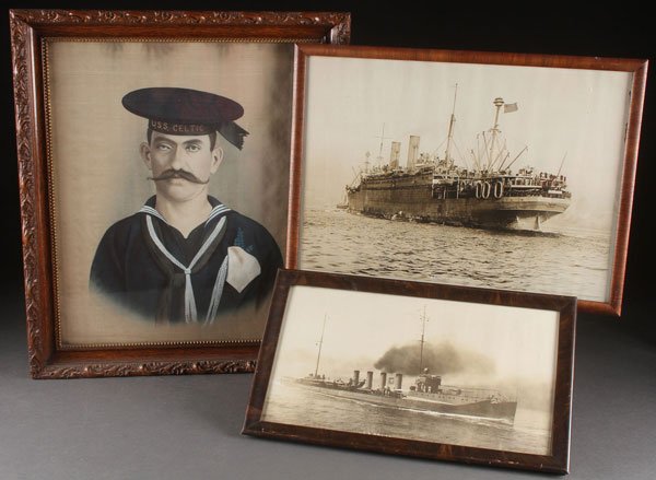 A COLLECTION OF 26 MILITARY RELATED, MOSTLY NAVAL: A COLLECTION OF 26 MILITARY RELATED, MOSTLY NAVAL PHOTOGRAPHS, PRINTS AND DECORATIVE ART. Including a large black and white photo of the USS George Washington, several naval class members yard longs, 