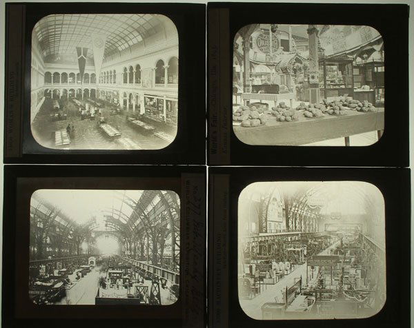 17 COLUMBIAN WORLD’S FAIR MAGIC LANTERN SLIDES: A GROUP OF 17 COLUMBIAN WORLD’S FAIR MAGIC LANTERN SLIDES, 1892-1893. Including two machinery building interiors, three mines and mining, agricultural and women’s building interiors, and the rema