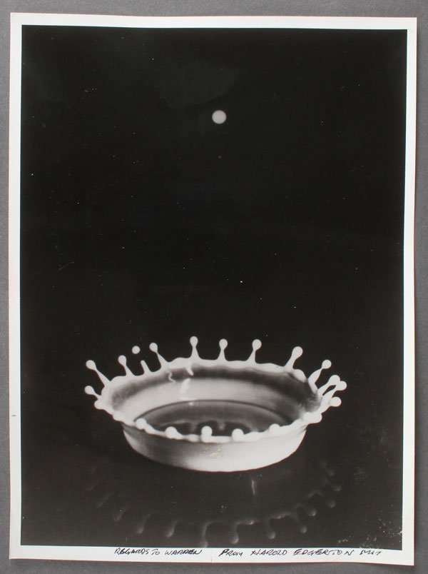 HAROLD "DOC" EDGERTON, SILVER GELATIN PRINT: HAROLD "DOC" EDGERTON (American 1903-1990) "Drop of Milk", silver gelatin print, inscribed in lower margin "Regards to Warren - from Harold Edgerton M.I.T.", the verso additionally inscribed "Do Not P