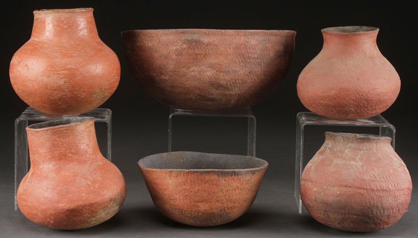 A GROUP OF SIX PRE HISTORIC POTTERY, SALADO,: A GROUP OF SIX PRE HISTORIC POTTERY, SALADO, A.D. 1200-1450. The largest diameter 10.5 inches.