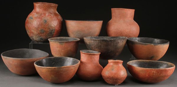 A GROUP OF ELEVEN PRE HISTORIC POTTERY VESSELS: A GROUP OF ELEVEN PRE HISTORIC POTTERY VESSELS, SALADO, A.D. 1200-1450. The largest height 9 inches.