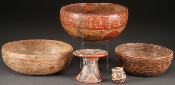 GROUP OF FIVE MAYAN PRE HISTORIC POTTERY VESSELS: A GROUP OF FIVE MAYAN PRE HISTORIC POTTERY VESSELS. Including bowls and a paint pot with polychrome decoration. The largest diameter 7.5 inches.