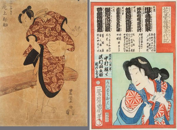 A PAIR OF JAPANESE WOODBLOCK PRINTS, EDO & MEIJI: A PAIR OF JAPANESE WOODBLOCK PRINTS, EDO AND MEIJI PERIODS. Comprising a Utagaa Toyokuni II of a male actor with stringed instrument, circa 1800. And a Toyohara Cunichika of a Kabuki actor with gaming