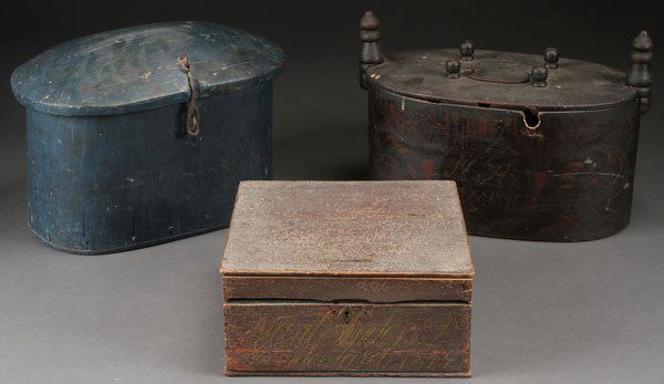 3 19TH C. NORWEGIAN FOLK ART BOXES: THREE VERY FINE 19TH CENTURY NORWEGIAN FOLK ART BOXES. Comprising a carved solid wood oval box with carved and hollowed lid under a blue painted finish. An oval bent wood box with locking tine and fl
