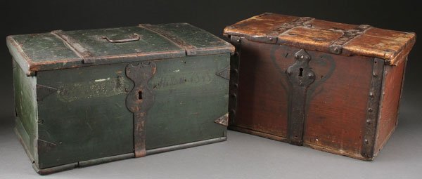 A PAIR OF NORWEGIAN 19TH C. WOOD SMALL CHESTS: A PAIR OF NORWEGIAN 19TH CENTURY WOOD SMALL TRAVEL CHESTS. Each with painted finish and cut iron banded straps and decoration. One with a name and date of 1845. The largest length 23 inches. Provenanc