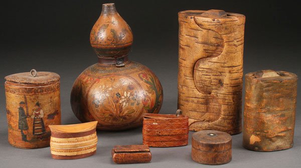 A NORWEGIAN FOLK ART DECORATIVE CONTAINER GROUP,: A NORWEGIAN FOLK ART DECORATIVE CONTAINER GROUP, 19TH/ 20TH CENTURY. Comprising a fine round birch bark box with polychrome figures and motto, a floral decorated gourd, a pair of oval birch bark boxes