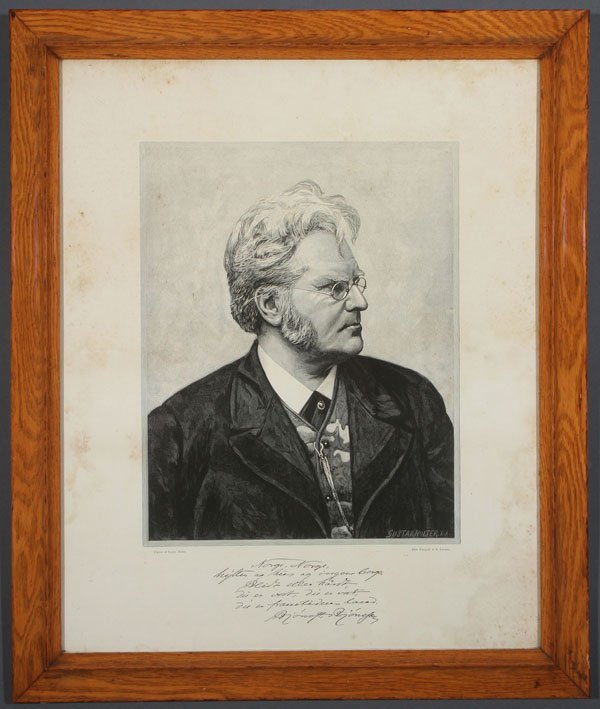 A NORWEGIAN FRAMED PORTRAIT, BJORNSTYERNE BJORSON: A NORWEGIAN FRAMED PORTRAIT OF BJORNSTYERNE BJORSON. 22.5 inches by 26.75 inches framed after the engraving by Gustav Holter. Together with a 6.78 inches x 10.25 inches letter written, signed and date