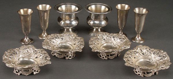10 PIECE STERLING SILVER GROUP: 10 PIECE STERLING SILVER GROUP. Comprising 4 cordials, 2 toothpick holders and 4 English nut dishes. Total weight 11.25 troy ounces.