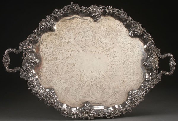 A SILVER-PLATED BUTLERS TRAY, LATE 19TH CENTURY: A SILVER-PLATED BUTLERS TRAY, LATE 19TH CENTURY. By International, length 32 inches (81 cm).