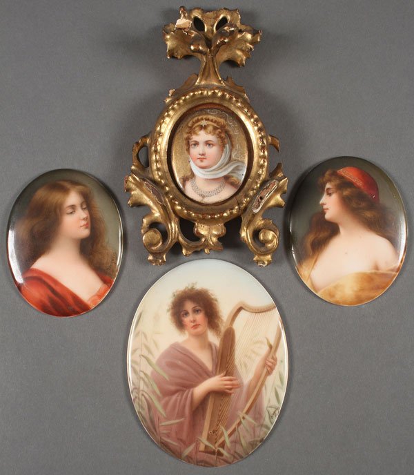 4 MINI HAND-PAINTED GERMAN PORCELAIN PLAQUES: FOUR MINIATURE HAND-PAINTED GERMAN PORCELAIN PORTRAIT PLAQUES, CIRCA 1900. Comprising "Reflection," signed Wagner, "Queen Louise" in a carved gilt wood frame, "Erbluth," signed Wagner, and a nymph wit