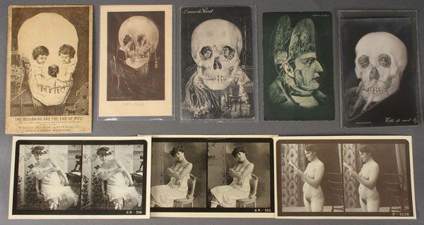 ANAMORPHIC AND ART NUDE STEREOVIEWS: A COLLECTION OF ANAMORPHIC AND ART NUDE STEREOVIEWS, CIRCA 1900. Comprising five anamorphic postcards, and a Deering tradecard, and eleven risqué and erotic nude stereoview photographs.