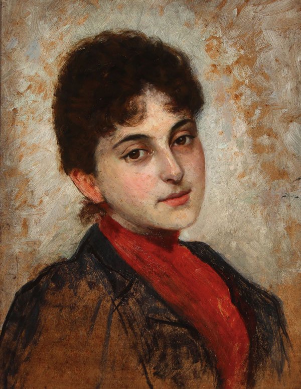 ITALIAN OIL PAINTING, CIRCA 1890: Attributed to VITTORIO MATEO CORCOS(Italian 1859-1933) Portrait of a Beautiful Young Woman - circa 1890 Oil on artist board Inscribed on verso V. Corcos - Firenze 17.25 inches x 14 inches (44 x 36 cm)