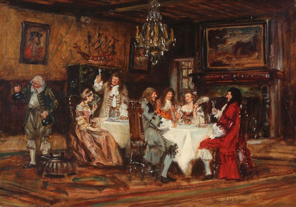 BRITISH ARTIST SIGNED INTERIOR PAINTING: FRANK MOSS BENNETT(British 1874-1953)The Banquet Oil on paper laid on canvasSigned lower left "F.M. Bennett"14 inches x 20 inches (36 x 51 cm) Shipping:Professional, affordable and