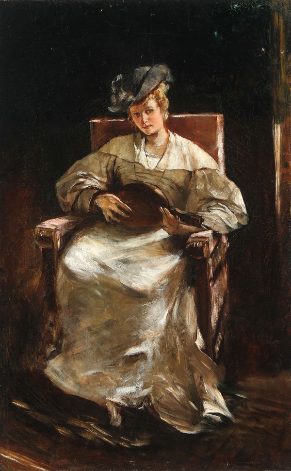 EUROPEAN OIL PAINTING, CIRCA 1880: CONTINENTAL SCHOOL(19th century) Seated Woman Playing the Mandolin - circa 1880 Oil on canvas Apparently unsigned 25.9 inches x 16.3 inches (65.8 x 41.7 cm), unframed Shipping: Professio