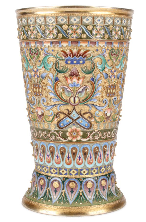IMPRESSIVE RUSSIAN SILVER & ENAMEL BEAKER: A LARGE AND IMPRESSIVE RUSSIAN SILVER GILT AND SHADED ENAMEL BEAKER, NIKOLAI ALEKSEEV, MOSCOW, 1908-1917. Resting on a slightly spread foot, the flaring cylindrical body overall in shaded enamel flora