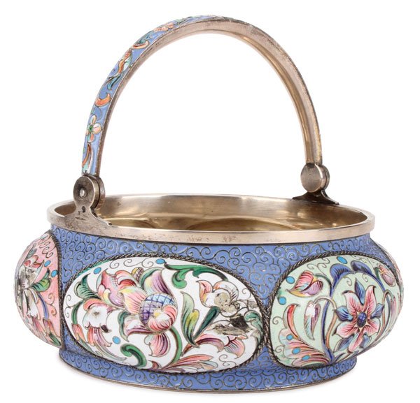 RUSSIAN SILVER & ENAMEL SUGAR BASKET: A RUSSIAN SILVER AND SHADED ENAMEL SUGAR BASKET, GUSTAV KLINGERT, MOSCOW, 1899-1908. The sides with six large oval lobbed blown-out panels with rope twist borders and heavily enameled with florals and