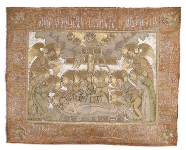 FINE RUSSIAN EMBROIDERED PLASCHANITSA: A VERY FINE RUSSIAN BULLION, SILVER, SILK, AND SEED PEARL EMBROIDERED PLASHCHANITSA, PROBABLY 19TH CENTURY, FOLLOWING THE 17TH CENTURY TRADITIONS. Here the crucified Christ, attended by angels, is s