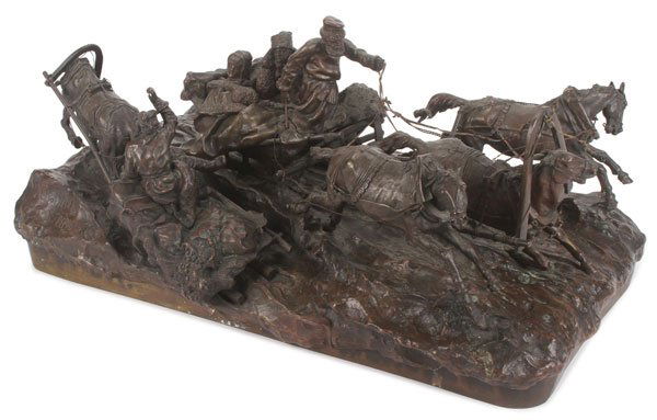 MASSIVE GRACHEV RUSSIAN BRONZE, CIRCA 1877: VASILY YAKOVLEVICH GRACHEV(Russian 1831-1905)A Speeding Troika Passing a Peasant Sledge - circa 1877Bronze with dark brown patinaSigned in Cyrillic "sculp. Grachev Woerffel" and dated 1877Length 20.5