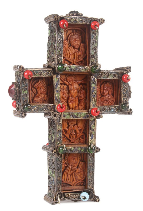 GREEK CARVED WOOD CRUCIFIX, MT. ATHOS, 19TH C.: A GREEK CARVED BOXWOOD CRUCIFIX, MT. ATHOS, 19TH CENTURY. The front carved with the crucified Christ flanked by the Virgin and the Apostle John. The crossbeam terminals with the various saints and pro