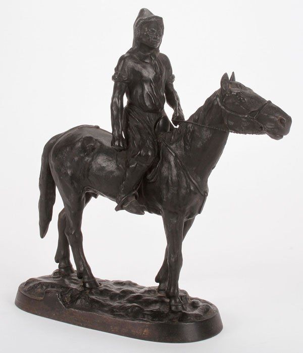 RUSSIAN KASLI CAST IRON SCULPTURE: SERGEI IVANOVICH YAKOVLEV(Russian 1862-1930) A Kirghiz on Horseback Cast iron Signed on base in Cyrillic "Work of Yakovlev" and on underside with Kasli foundry mark beneath the Imperial Warrant Height