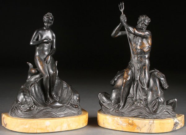 RUSSIAN BRONZE BOOKENDS, 1922: GLEB W. DERUJINSKY(Russian/American 1888-1975) Neptune and Venus - 1922 - a pair of bookends Bronze with dark brown patina Each signed on base "G. Derujinsky", dated 1922 and "R.B.W." - Roman Bronze W