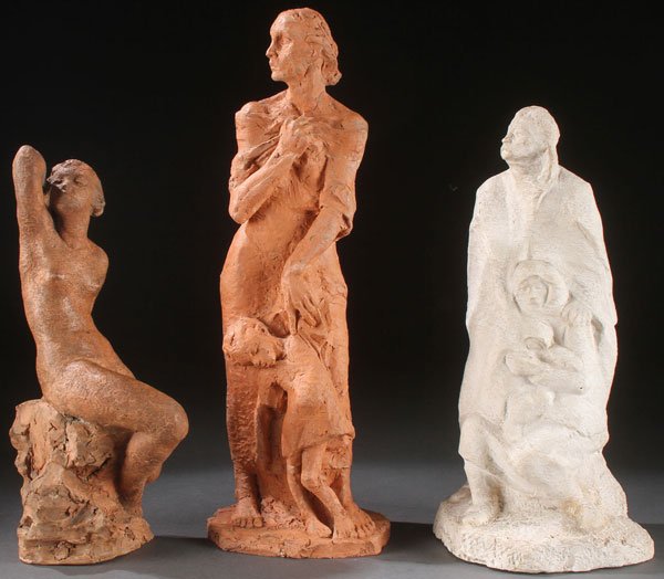 3 UKRANIAN SCULPTED FIGURES, CIRCA 1930: ANTON PAVLOS (UKRANIAN 1905-1954), A GROUP OF THREE SCULPTED FIGURES. Two in terra cotta, one in plaster, two signed. Greatest height 17 inches (43.2 cm). Shipping:Professional, affordable and efficie
