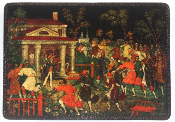 EARLY RUSSIAN SOVIET LACQUER, I. ZUBKOV, 1930: AN EARLY RUSSIAN HAND PAINTED LACQUER BOX, IVAN ZUBKOV, PALEKH, DATED 1930. The hinged lid finely painted with a scene depicting a wealthy landowner and peasants, the sides of box entirely banded in i