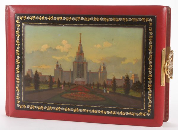 RARE SOVIET RUSSIA PRESENTATION ALBUM, MOSCOW, 1956: A UNIQUE & SCARCE SOVIET PRESENTATION DELEGATE’S PHOTO ALBUM FROM THE RENOWNED 20TH CONGRESS OF THE COMMUNIST PARTY, MOSCOW 1956. The cover of the red leather bound album inset with a hand painted l