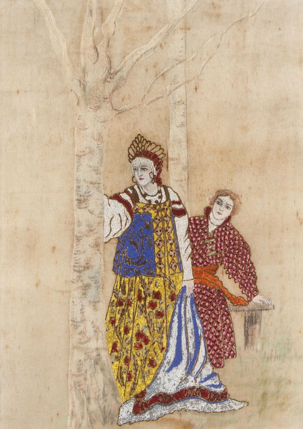 RUSSIAN SILK WATERCOLOR PICTORIAL, CIRCA 1900: AN INTERESTING RUSSIAN SILK WATERCOLOR EMBROIDERED PICTORIAL TEXTILE, CIRCA 1900. The white silk panel depicting a Boyarina and Prince in a birch tree forest, their garments rendered in colored thread