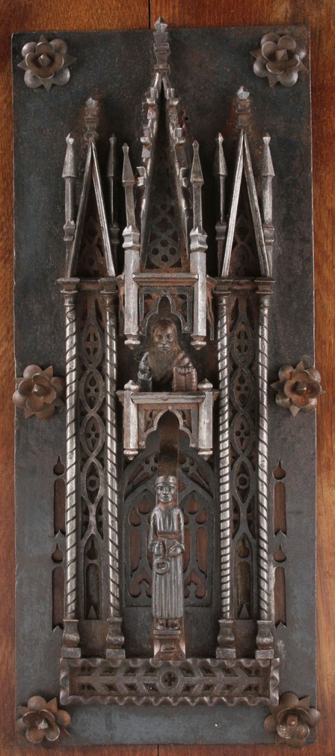 WROUGHT IRON GOTHIC DOOR KNOCKER: AN INTERESTING FIGURAL WROUGHT IRON GOTHIC OR GOTHIC-STYLE DOOR KNOCKER, POSSIBLY SPANISH. The rectangular pierced wrought iron plate set with a finely sculpted Gothic tower with spires, twist side co
