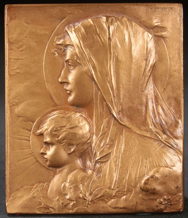FRANZ STIASNY GILT BRONZE: FRANZ R. STIASNY(Polish/Austrian 1881-1941) The Madonna and Child Bronze bas-relief plaque with gilt patina Signed upper right "F. STIASNY" 65 mm x 55 mm Stiasny was a noted and successful sculptor be