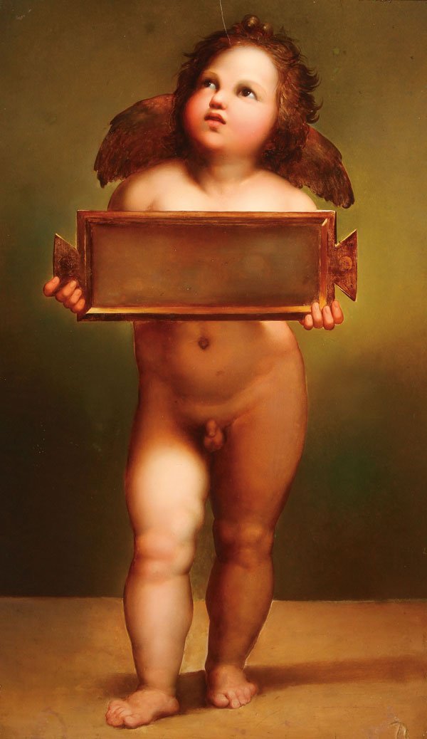 ITALIAN OIL ON WOOD PAINTING OF ANGEL: After RAPHAEL SANZIO(Italian 1483-1520) An Angel Holding a Sign from the Foligno Madonna Oil on wood panel 38.5 inches x 23 inches (97.5 x 58.5 cm) Shipping: Professional, affordable and ef