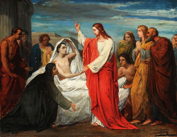ARTIST SIGNED RELIGIOUS OIL PAINTING, 1860: JAN FRANS VERHAS(Belgian 1834-1896) The Raising of the Widow's Son in Nain - 1860 Oil on canvas Signed lower right Jan Verhas, dated 1860, and with dedicatory inscription to Emile Ducaja 17.75 inches 