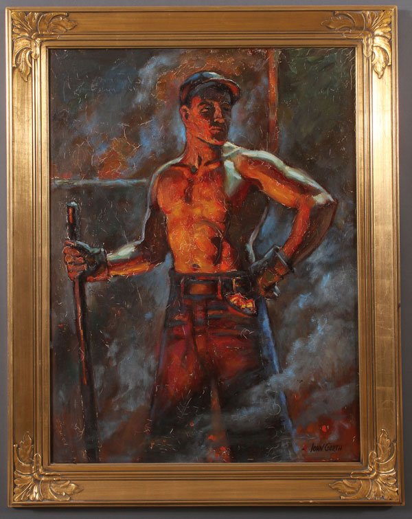 VINTAGE GILT NEWCOMB MACKLIN FRAME & SIGNED PAINTING: JOHN GARTH(American 1889-1971) The Ironworker Oil on canvas Signed lower right "John Garth" and titled on verso and with exhibition label and artist's business card 40 inches x 30 inches, contained in