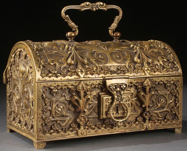 FRENCH GILT BRONZE DRESSER BOX: A VERY FINE FRENCH RENAISSANCE STYLE GILT BRONZE DRESSER BOX, LATE 19TH CENTURY. Renaissance revival style with Art Nouveau influence, the casket form with domed hinged cover, cast in deep relief with