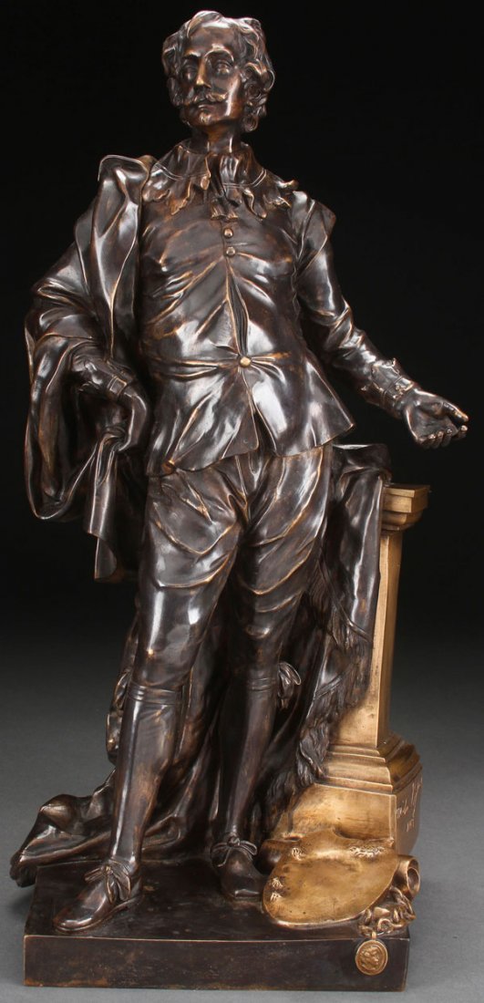 BRONZE FIGURE OF VAN DYKE, BY RYSBRACK: After JOHN MICHAEL RYSBRACK (Flemish/English 1694-1770) Sir Anthony Van Dyk - circa 1875-1925 Bronze with dark brown patina and gold highlights Inscribed on base “Miche Rysbraek 1743” and on verso