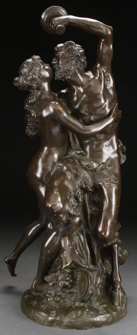 BRONZE SATYR & NYMPH GROUPING: After CLAUDE MICHEL CLODION (French 1738-1814)Satyr and Nymph - circa 1850Bronze with dark brown patinaInscribed “Clodion”Height 25.5 inches (64.8 cm) Shipping:Professional, afforda