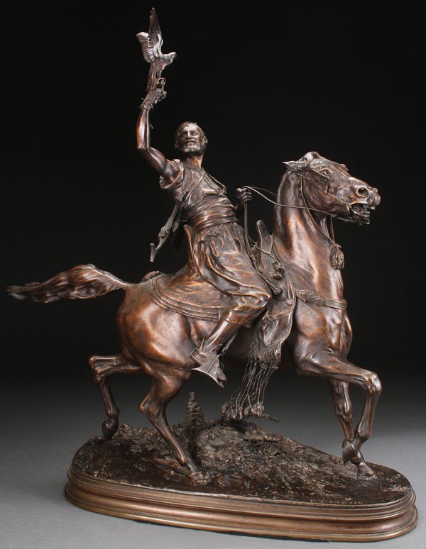 FALCONER BRONZE, CIRCA 1900: After PIERRE JULES MENE(French 1810-1879) Falconer - circa 1900 Bronze with dark brown patina Inscribed on base "P.J. MENE" Height 31 inches (78.7 cm) Provenance: Private collection, U.S.A.
