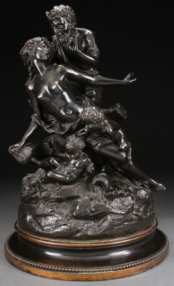 NYMPH & SATYR WITH PUTTI BRONZE GROUPING: After CLAUDE MICHEL CLODION (French, 1738-1814) Nymph and Satyr with Putti - circa 1880 Bronze with dark brown patina Inscribed “CloDion” Height of figure 19 inches (48.25 cm) Shipping: