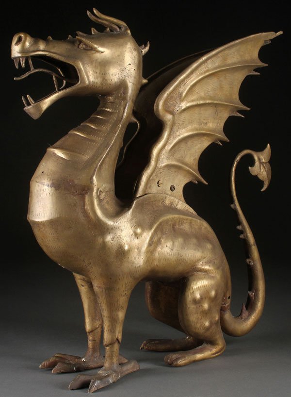 NEO-GOTHIC BRONZE DRAGON: A LARGE AND IMPRESSIVE NEO-GOTHIC BRONZE DRAGON, 20TH CENTURY. Modeled in the Gothic taste with spread wings and scrolling tail. Height 21.75 inches (55.2 cm). Shipping: Professional, affordable and e