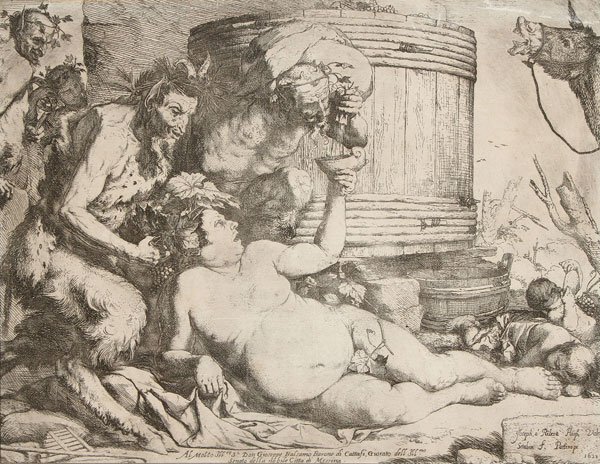 17TH CENTURY ENGRAVING OF SILENUS: GIUSEPPE DE RIBERA(Italian 1588-1652) Silenus Etching on paper, second state Signed in plate lower right and with date 1628, Ex. Coll., C.D. Ginsburg and with collector's monogram CDG on verso 10.5 in